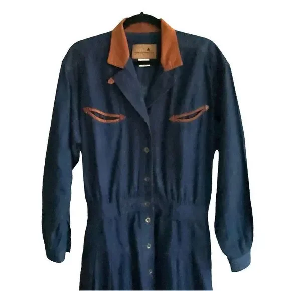 (SOLD) LIZ CLAIBORNE VINTAGE Western Denim Long Sleeve Midi Dress Blue Brown 8 - Picture 3 of 7